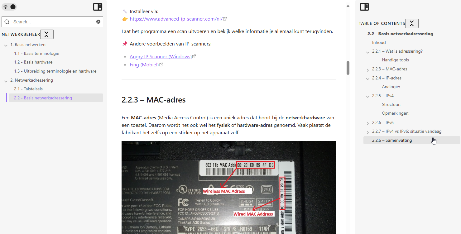 Overzicht van een cursusonderdeel met alle zijbalken: links zie je alle hoofdstukken - rechts zie je de inhoudstafel van het onderdeel dat je hebt openstaan. Je kan meteen doorklikken naar alle onderdelen.